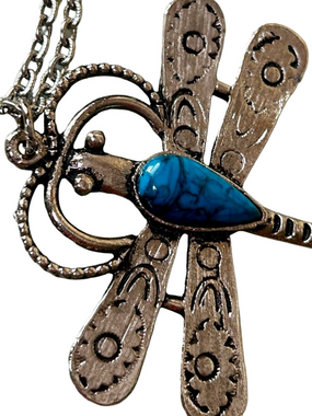 Dragonfly Necklace Natural Stone Faux Turquoise Silver Boho Jewelry Vintage